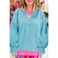 Light Blue Colorblock Patchwork Crew Neck Loose Sweatshirt - L thumbnail