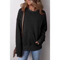 Black Drop Shoulder Crisscross Stitching Pocketed Loose Sweatshirt - L thumbnail