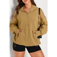 Brown Solid Kangaroo Pocket Half Zipper Oversized Hoodie - S thumbnail