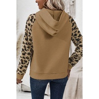 Light French Beige Leopard Print Patchwork Raglan Sleeve Half Buttons Hoodie - L thumbnail