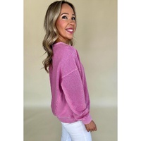 Bright Pink Solid Color Notched Neck Drop Shoulder Sweatshirt - 2XL thumbnail