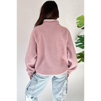 Fushia Stand Neck Half Button Zip Pocket Plush Sweatshirt - L thumbnail