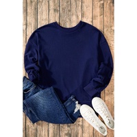 Navy Blue Solid O Neck High Low Hem Pullover Sweatshirt - L thumbnail