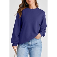 Navy Blue Plain Drop Shoulder Crewneck Pullover Sweatshirt - L thumbnail