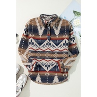 Brown Western Aztec Collared Button-up Sweatshirt - S thumbnail