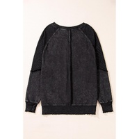 Black Solid Waffle Knit Patchwork Raglan Sleeve Sweatshirt - M thumbnail