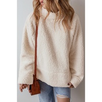 White Solid Fleece High Neck Drop Shoulder Pullover Sweatshirt - L thumbnail
