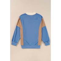 Sky Blue Ribbed Detail Color Block Sleeve Baggy Sweatshirt - L thumbnail