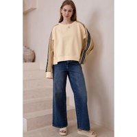 Beige Contrast Striped Patchwork Drop Shoulder Loose Sweatshirt - S thumbnail