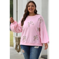 Light Pink Embroidered Bow Lantern Sleeve Oversized Pullover Sweatshirt - 2XL thumbnail