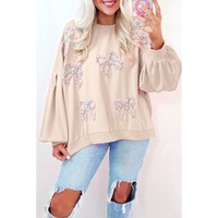 Parchment Embroidered Bow Lantern Sleeve Oversized Pullover Sweatshirt - L thumbnail