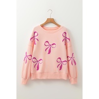 Apricot Pink Sequined Bowknot Drop Shoulder Oversized Sweatshirt - L thumbnail