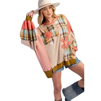 Multicolour Waffle Knit Plaid Patchwork Side Slits Loose Sweatshirt - S thumbnail