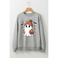 Gray Halloween Ghost Print Crewneck Drop Shoulder Sweatshirt - L thumbnail