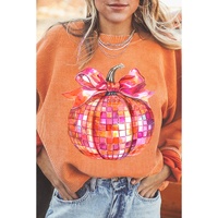 Orange Bow Pumpkin Graphic Crewneck Corded Thanksgiving Sweatshirt - L thumbnail