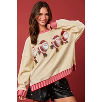 Beige Santa Skiing Graphic Striped Trim Corded Sweatshirt - L thumbnail