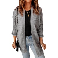 Gray Ribbed Open Front Knit Cardigan - 2XL thumbnail