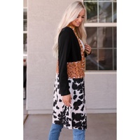 Black Western Pattern Cow Patchwork Open Front Cardigan - S thumbnail