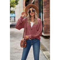 Azura Exchange Waffled Knit Lace Long Sleeve Buttoned Cardigan - L thumbnail
