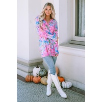 Pink Flower Print Long Sleeve Button Up Cardigan - M thumbnail