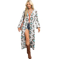 White Western Aztec Print Duster Open Front Top - M thumbnail