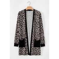 Black Leopard Patched Pocket Open Front Cardigan - L thumbnail
