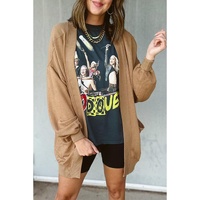 Light French Beige Ribbed Edge Exposed Seam Knit Cardigan with Pockets - L thumbnail