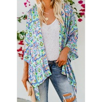 White Boho Floral Printed Rhinestone 3/4 Sleeve Open Front Kimono - XL thumbnail