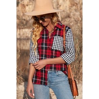 Azura Exchange Plaid Splicing Hit Color Pockets Long Sleeve Shirt - S thumbnail