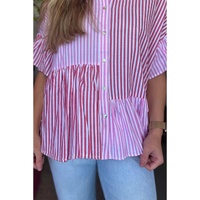 Pink Stripe Striped Patchwork Ruffled Hem Button up Shirt - L thumbnail