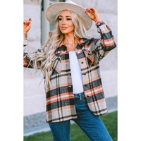 Azura Exchange Khaki Geometric Plaid Print Pocketed Shacket - M thumbnail