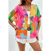 Multicolour Floral Print Folded Short Sleeve Shirt - L thumbnail