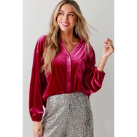 Pitaya Pink Buttoned V Neck Chest Pocket Velvet Shirt - XL thumbnail