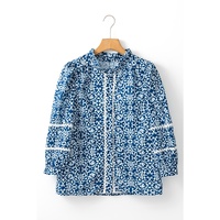Blue Floral Ric-rac Patchwork Button Loose Fit Shirt - L thumbnail