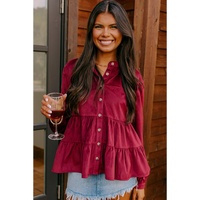 Burgundy Corduroy Ruffle Tiered Buttoned O Neck Shirt - XL thumbnail