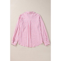 Pink Gingham Print Chest Pockets Buttoned Collared Shirt - L thumbnail