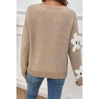 Parchment Flower Pattern Ribbed Trim Crew Neck Sweater - L thumbnail