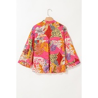 Red Abstract Floral Print Buttoned Ruffled Bubble Sleeve Shirt - XL thumbnail