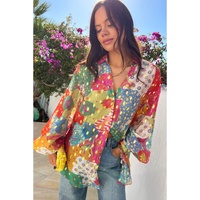 Rose Red Colorblock Abstract Print Button up Loose Shirt - XL thumbnail