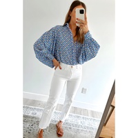 Sky Blue Abstract Print Shirred Cuff Buttoned Oversized Shirt - S thumbnail