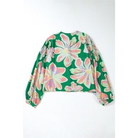 Green Floral Print Button up Pleated Puff Sleeve Loose Shirt - L thumbnail