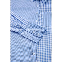 Sky Blue Stripe Plaid Patchwork Button up Long Sleeve Shirt - M thumbnail