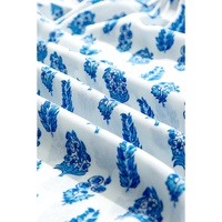 Sky Blue Boho Floral Printed Lantern Sleeve Frilled Neck Shirred Shirt - L thumbnail