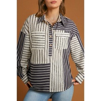 Black Stripe 2-tone Patchwork Half Buttons Chest Pockets Casual Blouse - L thumbnail
