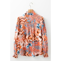 Orange Floral Print Shirred Cuff Buttoned Loose Shirt - L thumbnail