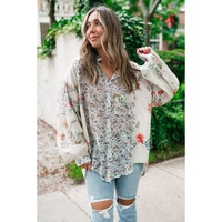 Purple Boho Floral Bishop Sleeve Button Up Loose Shirt - L thumbnail
