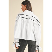 White Black Pipping Ribbon Bowtie Collared Ruffled Puff Sleeve Shirt - XL thumbnail
