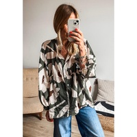 Four Leaf Clover Abstract Floral Print Puff Sleeve Half Button Blouse - L thumbnail