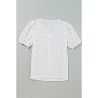 White Lace Puff Sleeve V Neck Button Up Shirt - S thumbnail