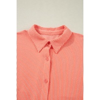 Grapefruit Orange Corded Half Sleeve Button Up High Low Hem Loose Shirt - S thumbnail
